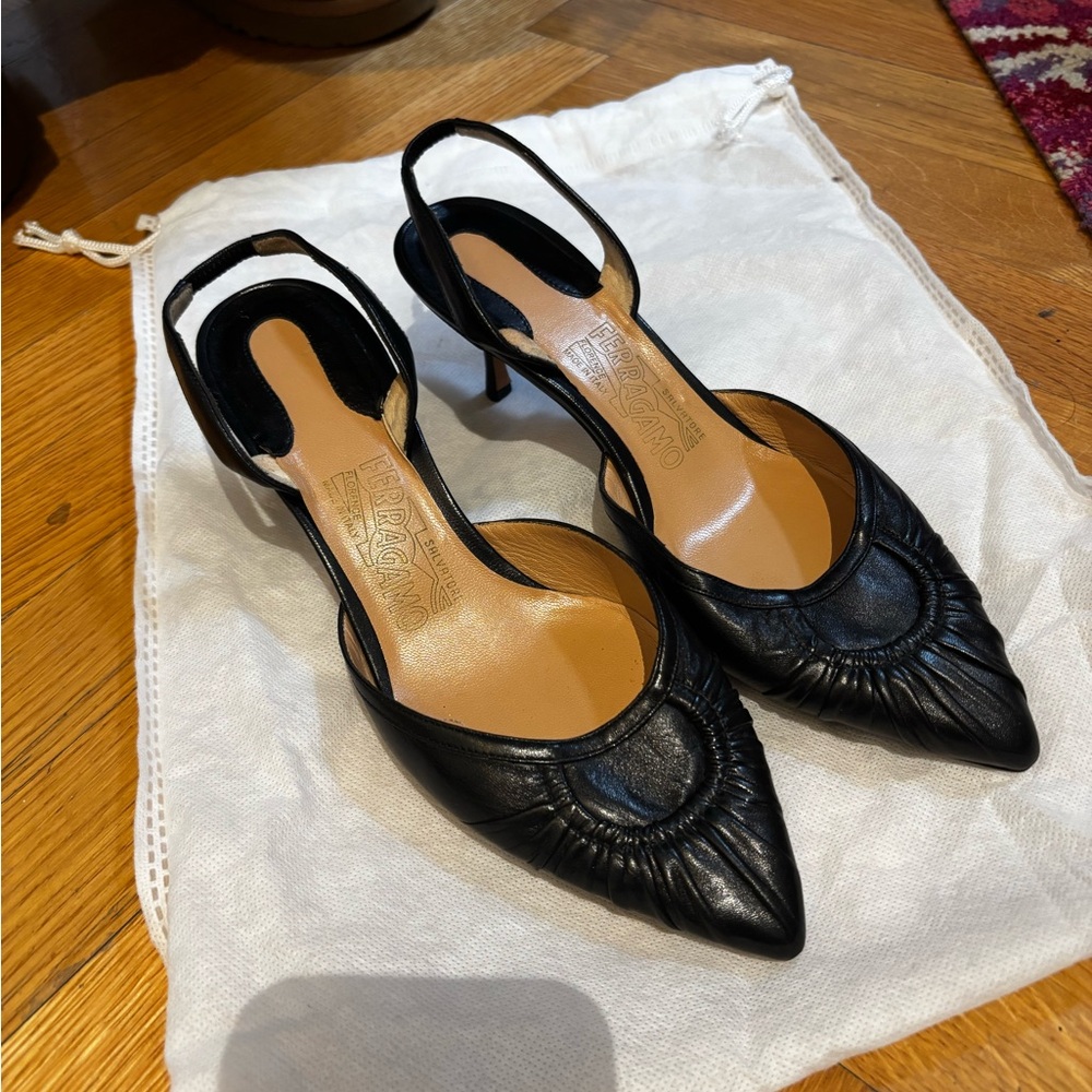 Salvatore Ferragamo Black Leather Slingback Heels